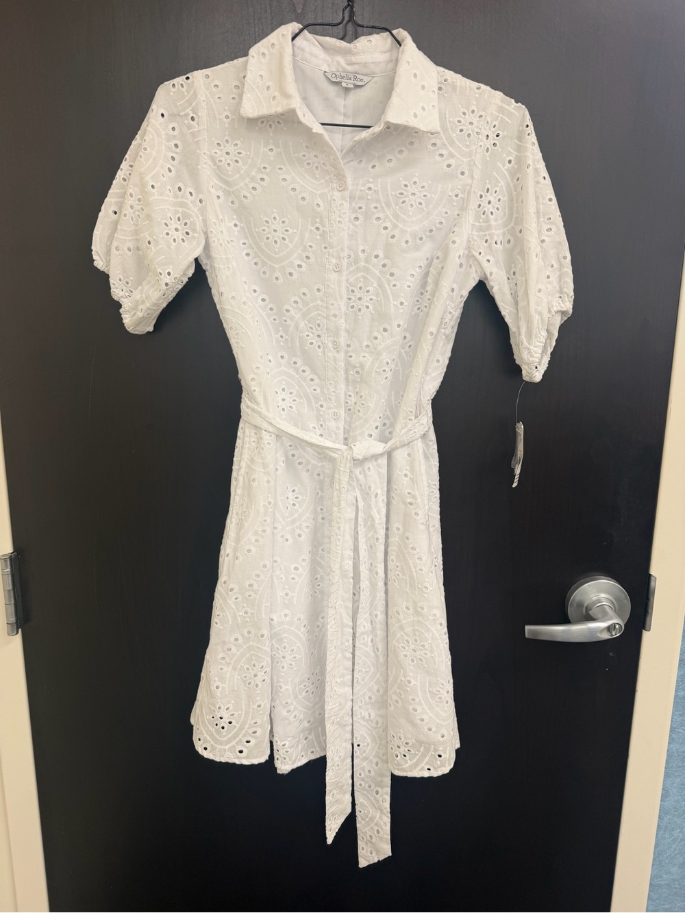 Ophelia Roe White Eyelet Midi Shirt Dress with Tie Waist NWT Size Small